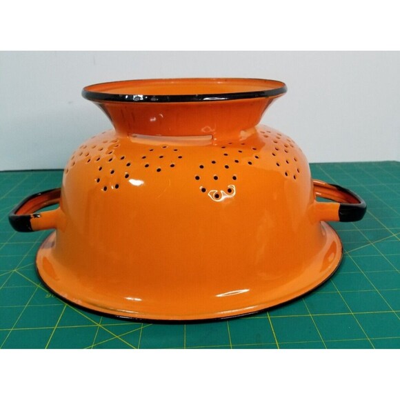 Vintage 1960s Huta Silesia Orange Colander Enamelware Strainer Black Trim - Picture 7 of 7